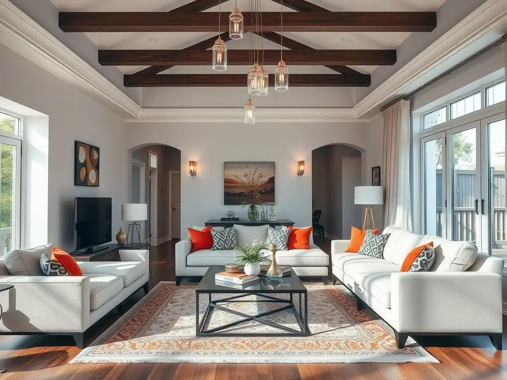 A beautifully renovated living room with modern furniture and elegant lighting.