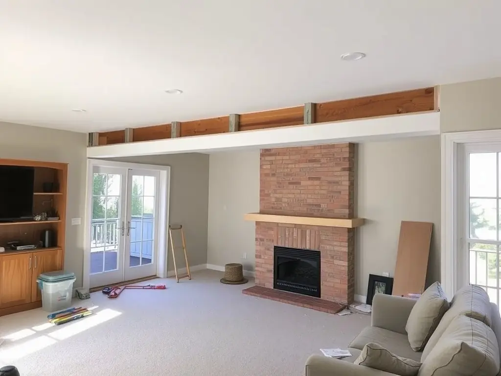 Structural enhancement project featuring a newly added support beam in a living room.