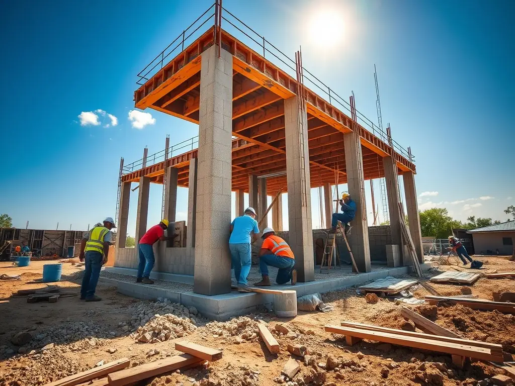 Construction site with workers reinforcing a building's foundation.
