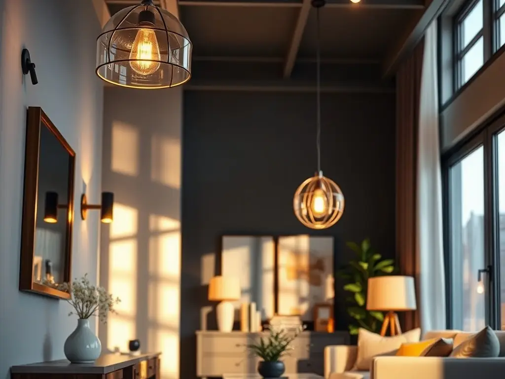 A stylishly decorated room with modern lighting and elegant decor.